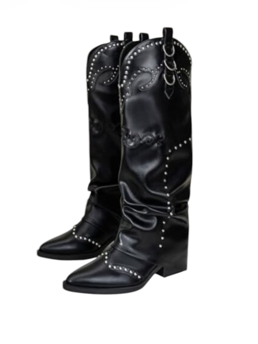 Black Studded Knee High Western Cowboy Boots Pointed Toe Block Heel Size 9.5